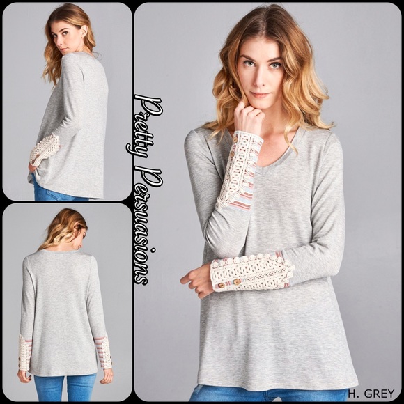 LAST ONE‼️Gray Long Sleeve Lace & Button Cuff Top - Picture 5 of 8