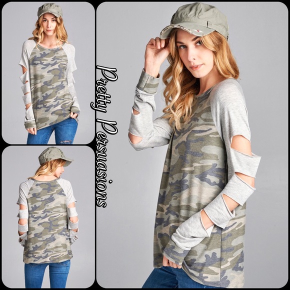 LAST ONE‼️Camo Raglan Slit Sleeve French Terry Top - Picture 2 of 8