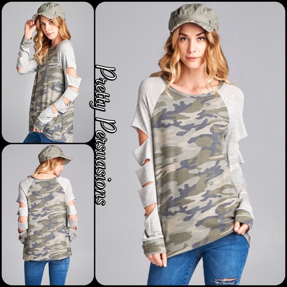 LAST ONE‼️Camo Raglan Slit Sleeve French Terry Top - Picture 3 of 8