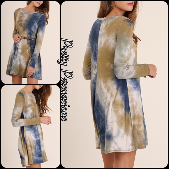 NWT Olive Navy Tie Dyed Long Sleeve A-Line Dress - Picture 3 of 4