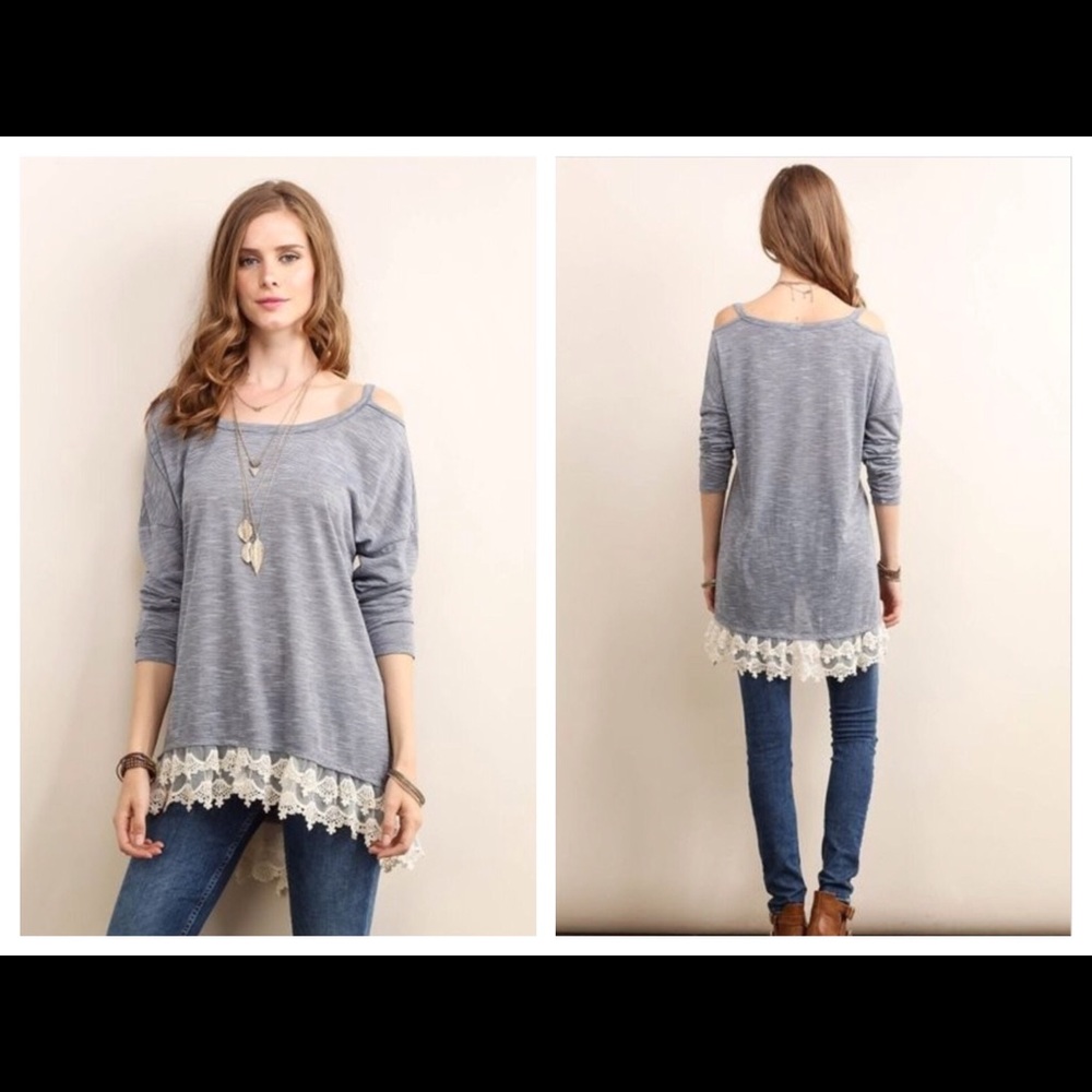 Lacy Blue Heathered Cold Shoulder