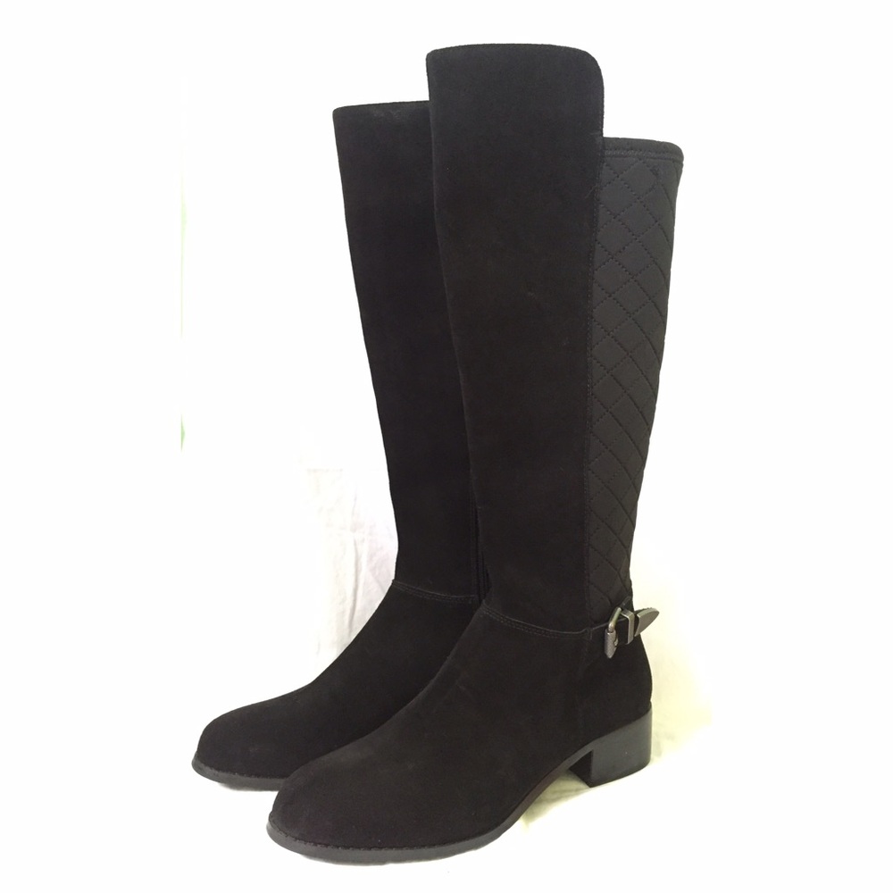 Black suede and quilted fabric moto boots