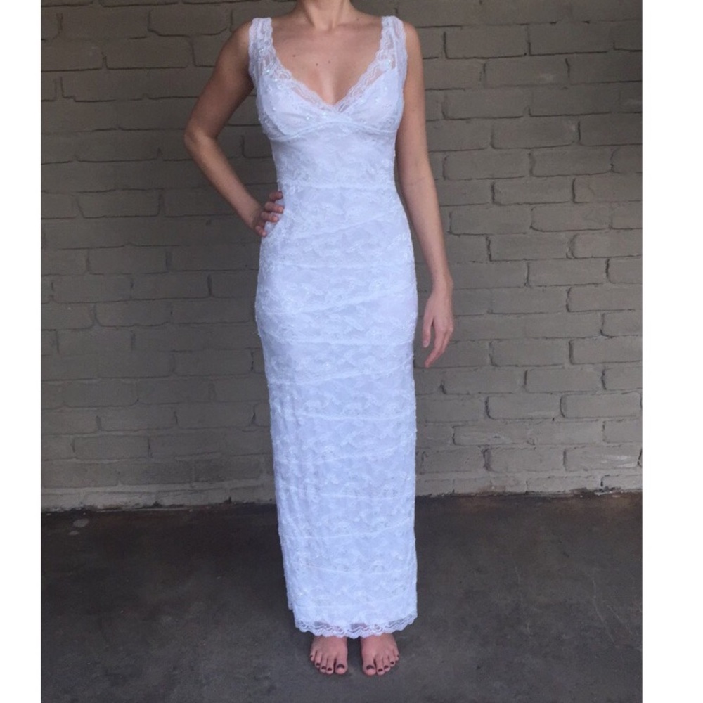 White Lace Gown with Sequin Embellishment