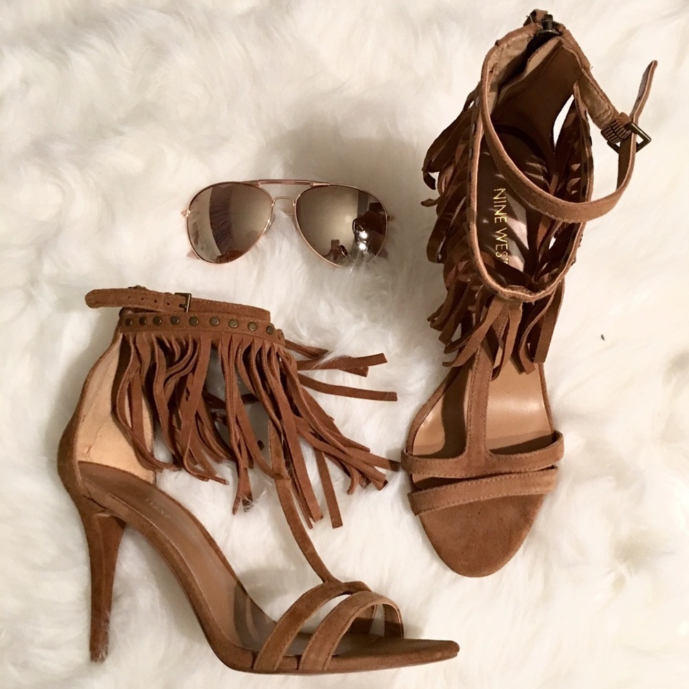 Nine West Fringed Suede T-Strap Sandals