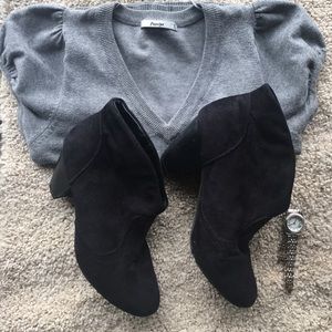 Felt Black Heeled Ankle Booties