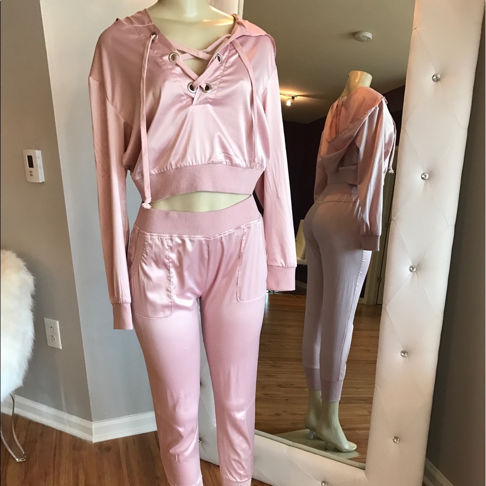 Blush Pink Satin Lace Up Sweatsuit Set