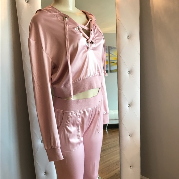 Blush Pink Satin Lace Up Sweatsuit Set - Picture 3 of 4