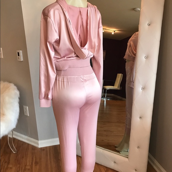 Blush Pink Satin Lace Up Sweatsuit Set - Picture 4 of 4