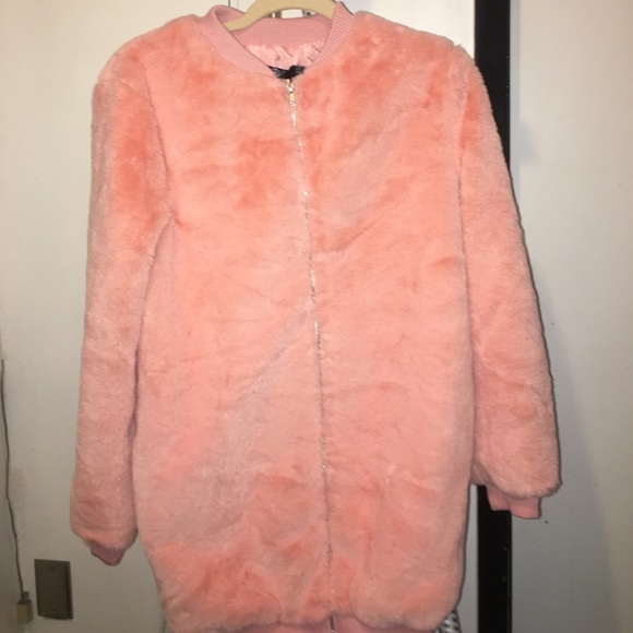 Pink Longline Faux Fur Bomber Jacket - Picture 2 of 3
