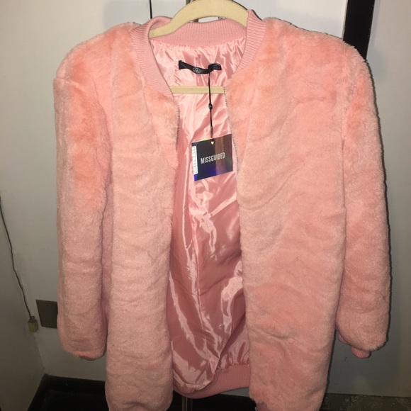 Pink Longline Faux Fur Bomber Jacket - Picture 3 of 3