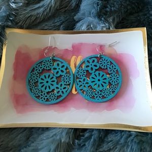 1 1/2" circle turquoise wooden dangle earrings