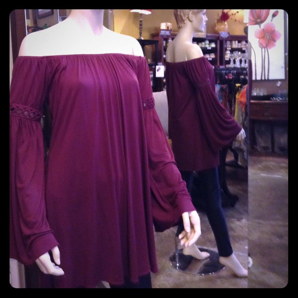 Off-the-shoulder burgundy tunic/dress.