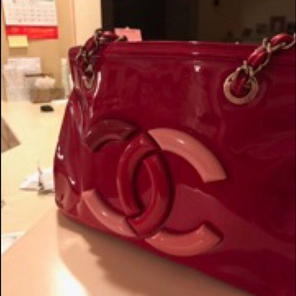 Red patent leather Chanel handbag