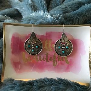 Silver-color and turquoise dangly earrings