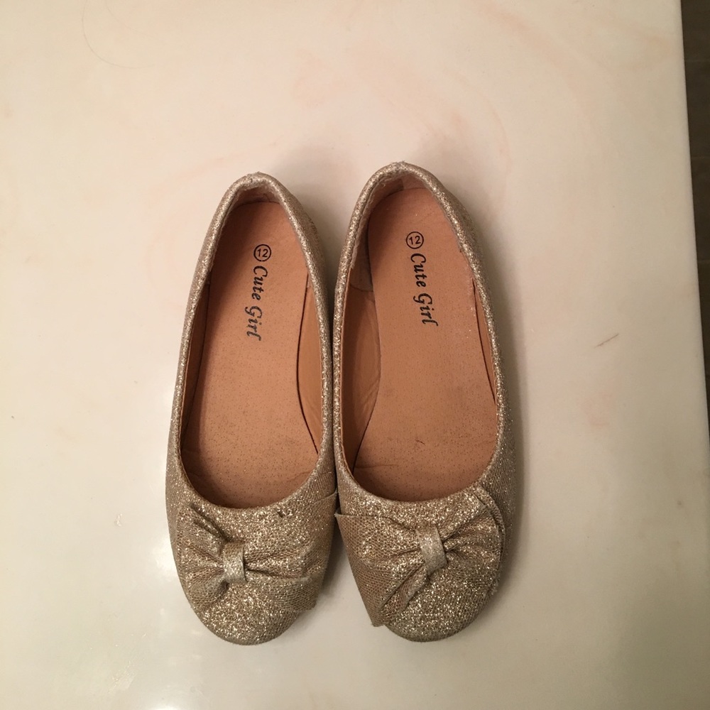 Gold glitter girls bow flats flower girl shoes