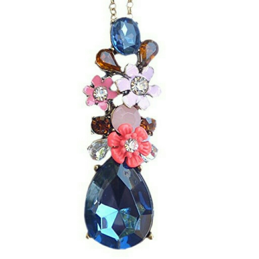 Statement Necklace Pendant Flower Jeweled Blue