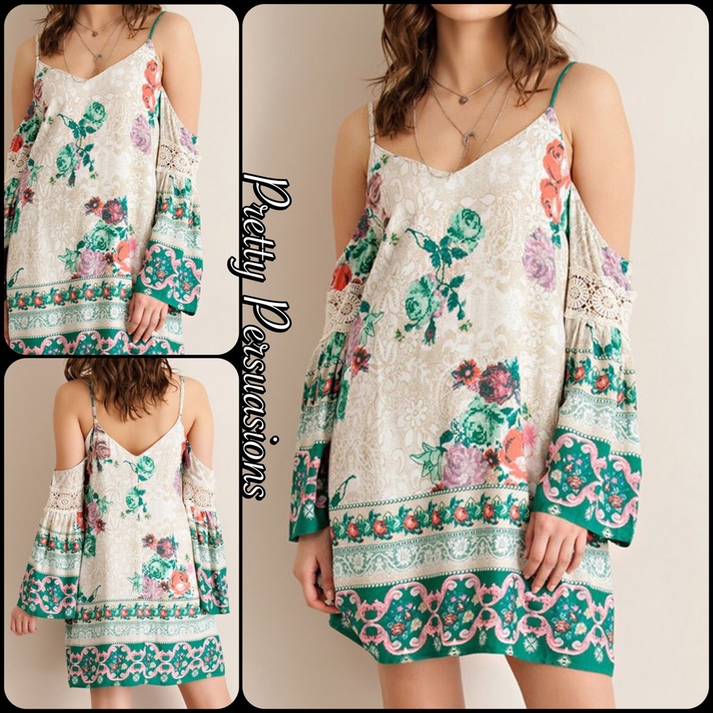 Floral Print Cold Shoulder Bell Sleeve Dress - Picture 4 of 4