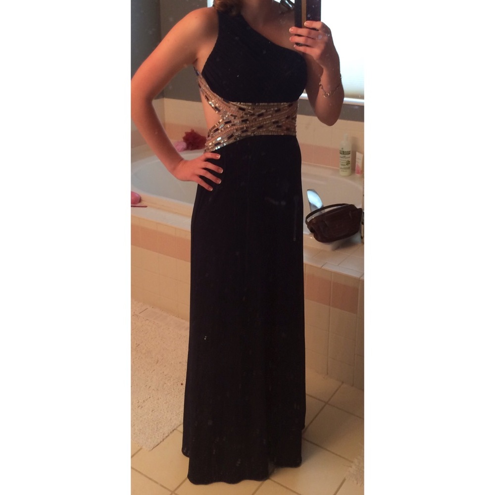 Navy Blue Open Back Prom Dress