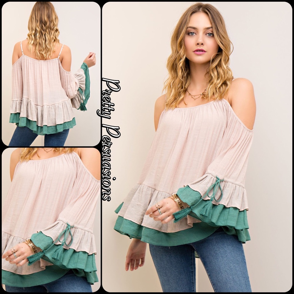 SALE‼️Blush Ruffled Bell Sleeve Cold Shoulder Top - Picture 1 of 4