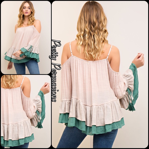 SALE‼️Blush Ruffled Bell Sleeve Cold Shoulder Top - Picture 2 of 4