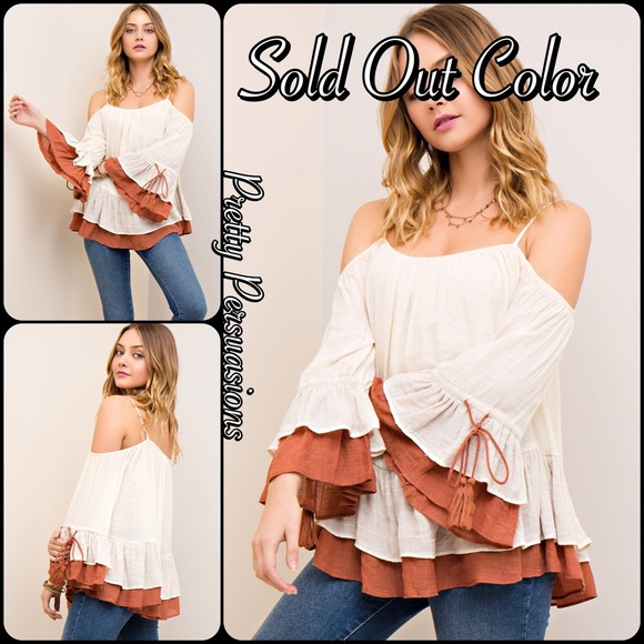 SALE‼️Blush Ruffled Bell Sleeve Cold Shoulder Top - Picture 4 of 4