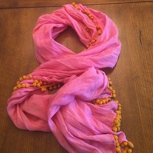 Adorable pink with orange pom-poms scarf- EUC