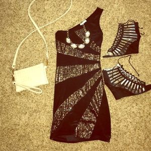 One shoulder strap black mini dress