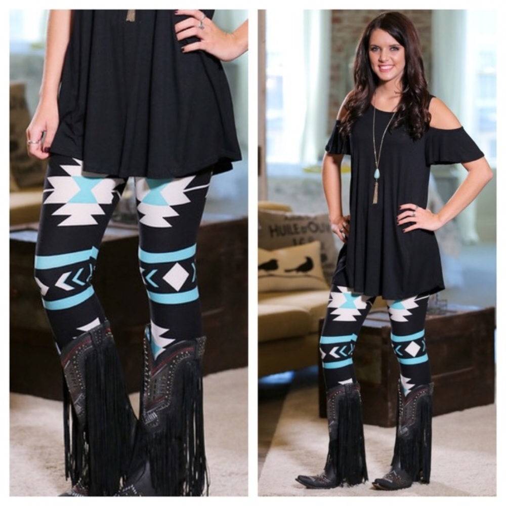 Black and Turquoise Aztec Leggings