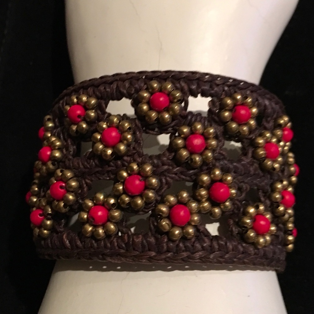 Woven Brown Cuff With Red And Gold Beading