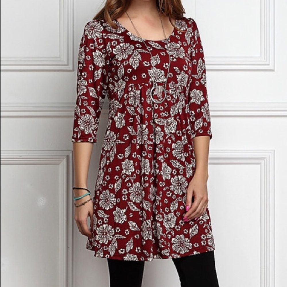 Burgundy Floral Empire Waist Tunic Dress
