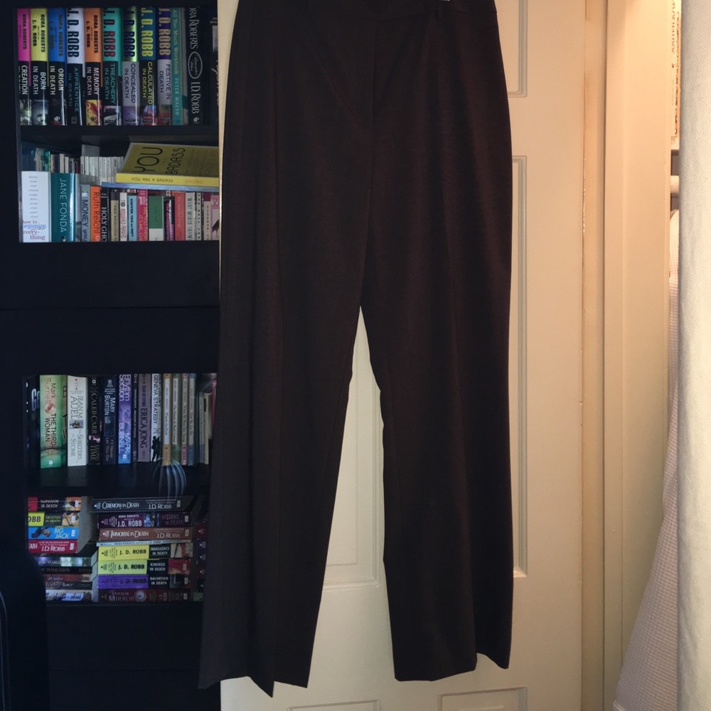 Brown micro basketweave wool trousers.