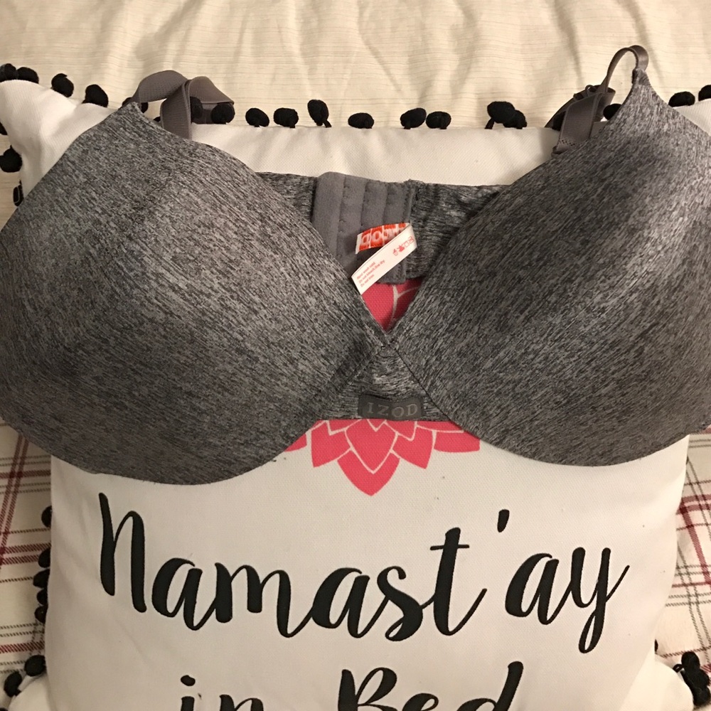 A heathered grey and black bra by Izod.