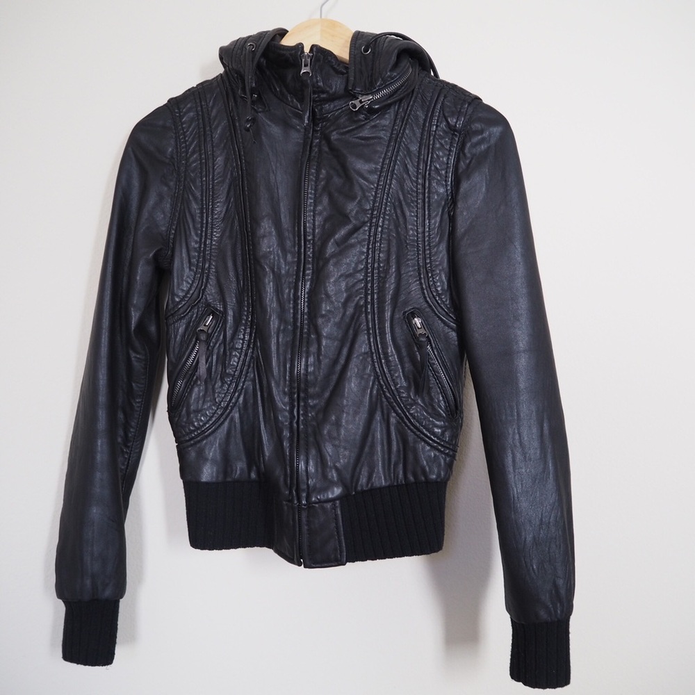 Aqua Leather Jacket with Removable Hoodie