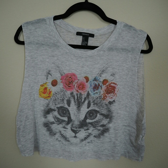 F21 Cropped Kitty Cat Muscle Tee - Picture 2 of 4