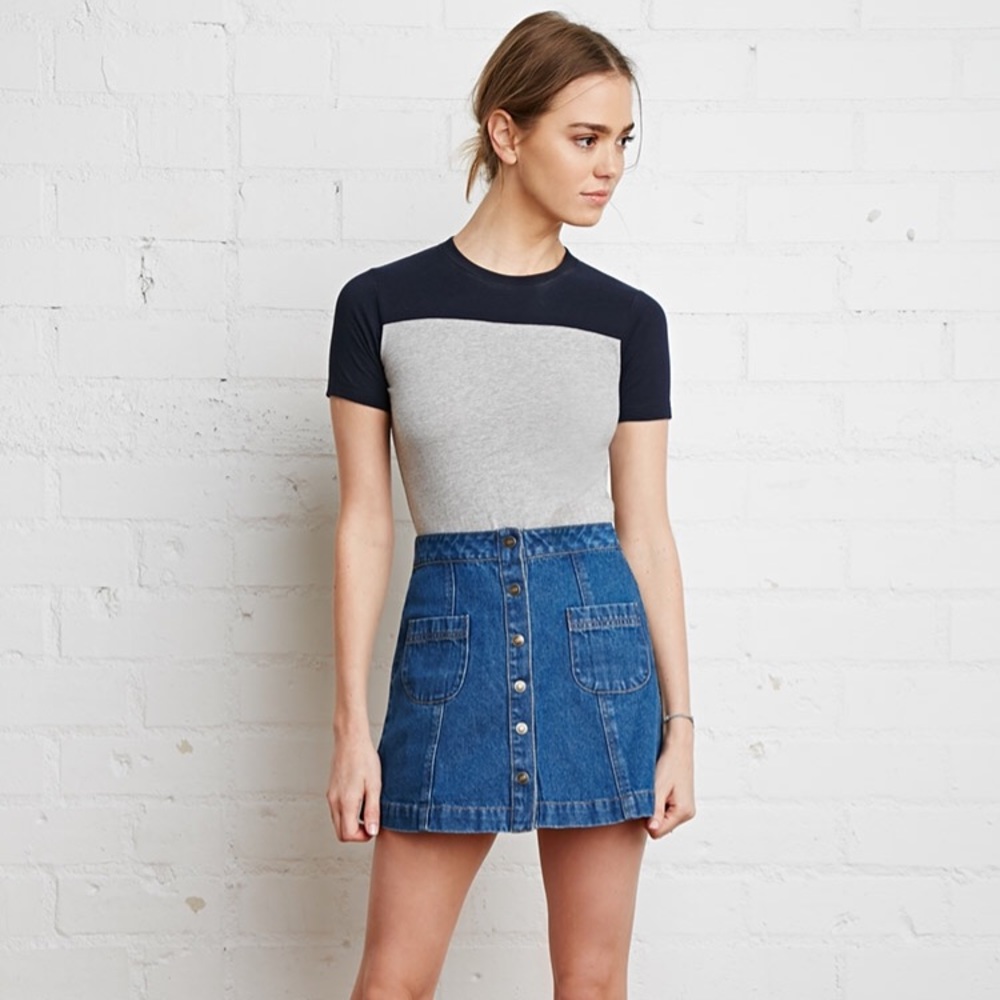 High waisted denim button up skirt