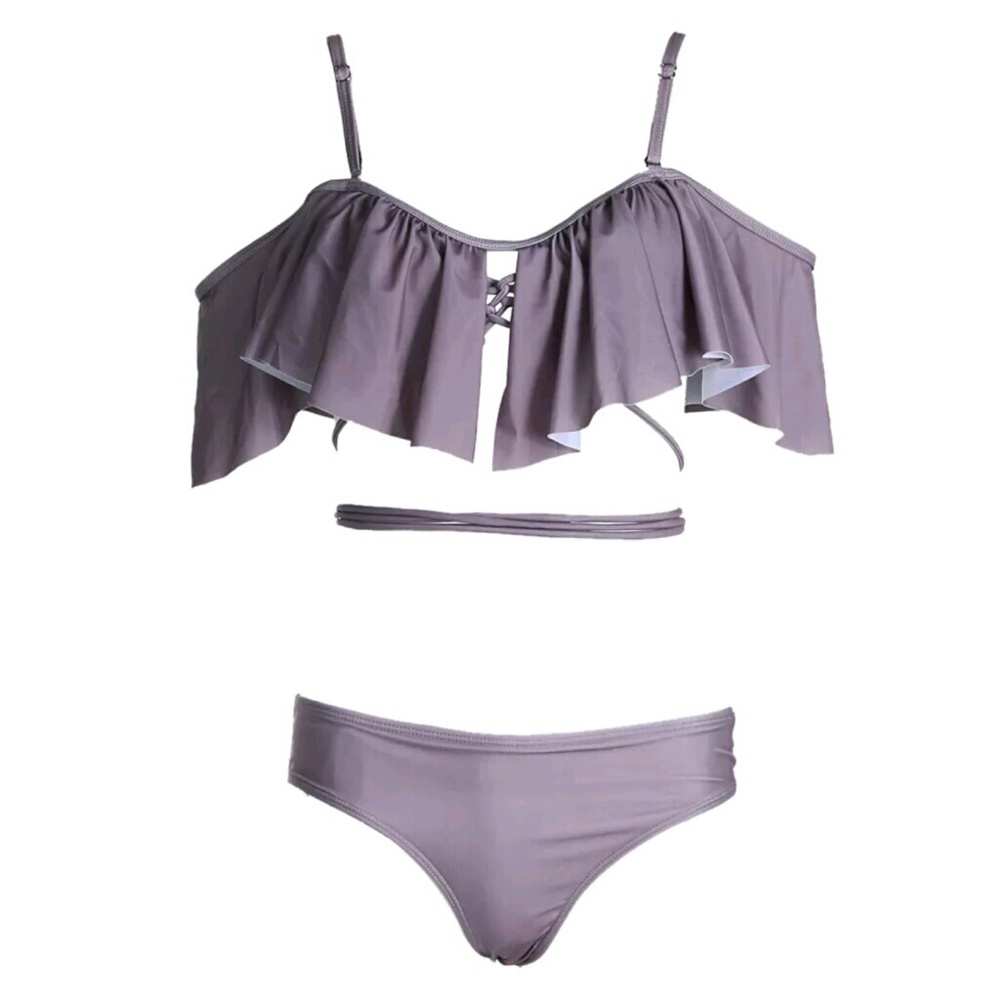 Off shoulder purple swimsuit bikini ruffle set - Picture 2 of 4