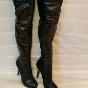 Black faux leather thigh high boots