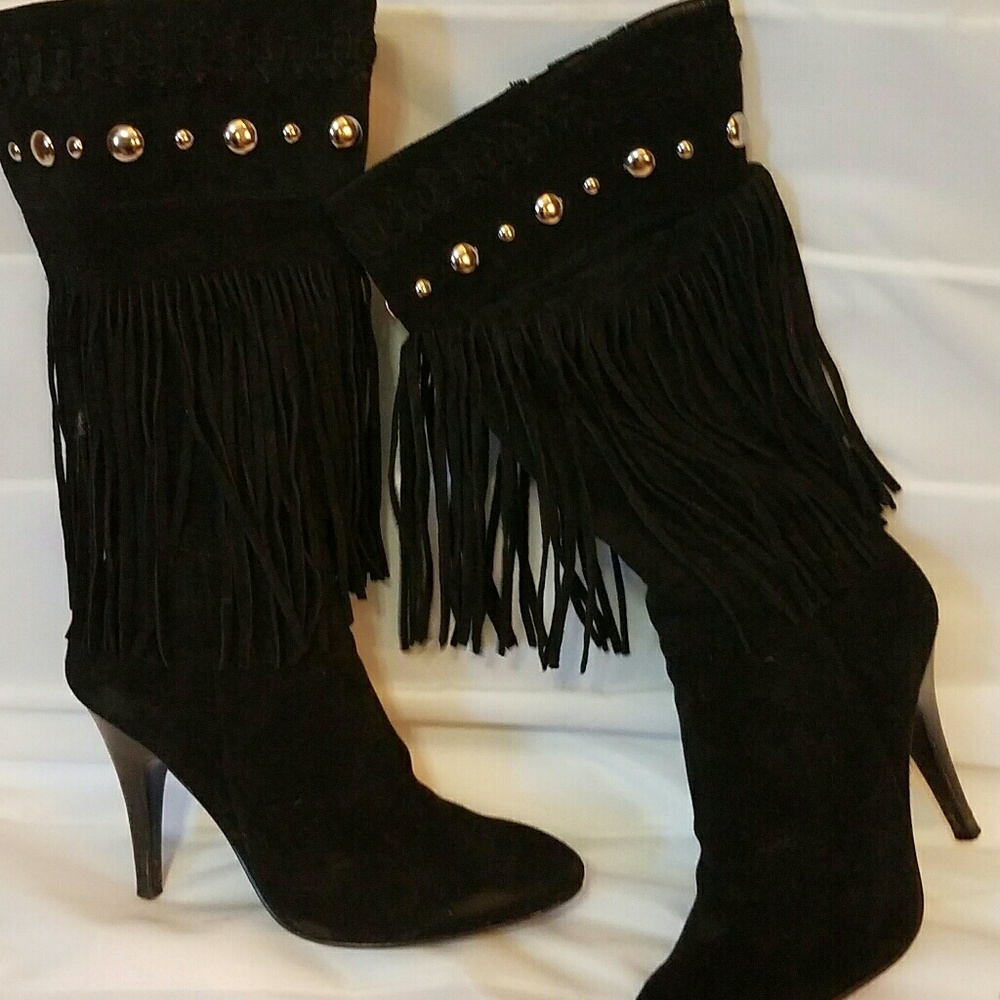 Black suede fringe boots