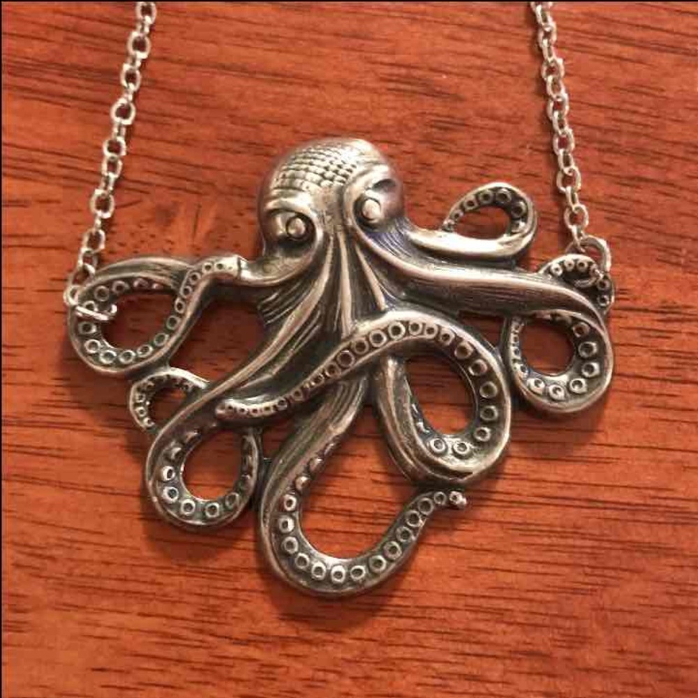 Dark silver octopus necklace w seahorse charm