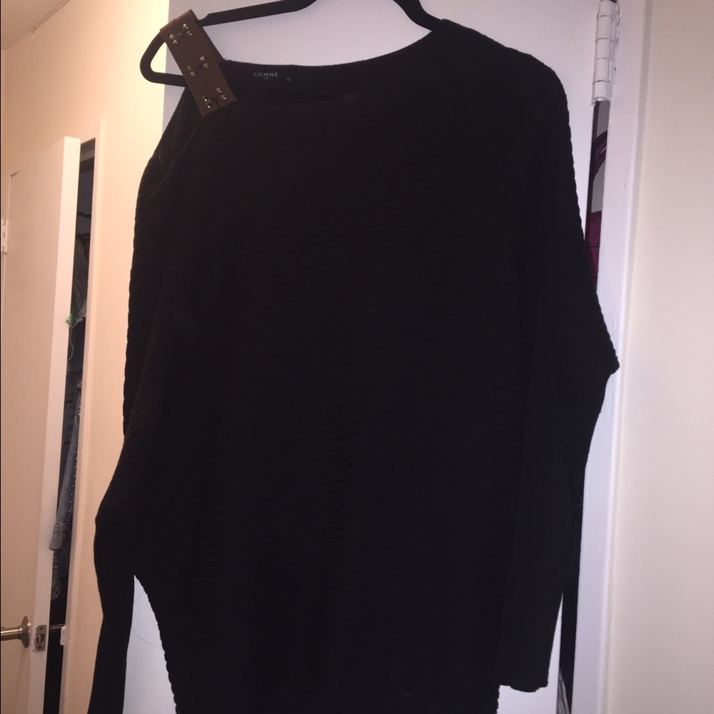 Black sweater with brown leather shoulder detail