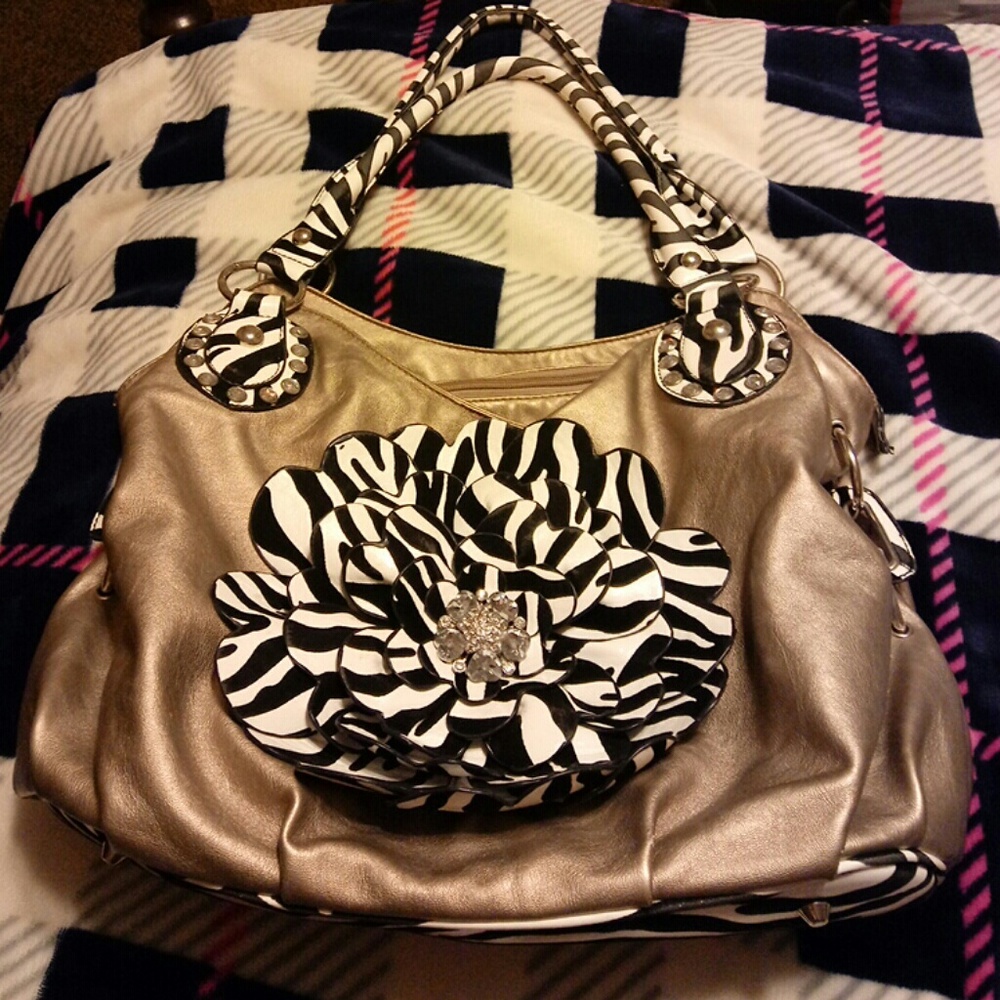 Gold black and white flower zebra fashion purse