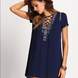 Royal Blue Lace Up Print Front Shift Dress