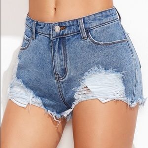 Blue Ripped Frayed Mini Denim Shorts