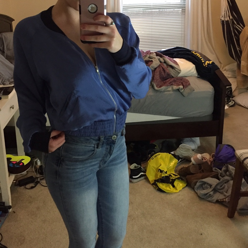 Blue Silk Bomber Jacket