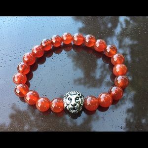 8mm Red Agate stone bracelet with a lion charm