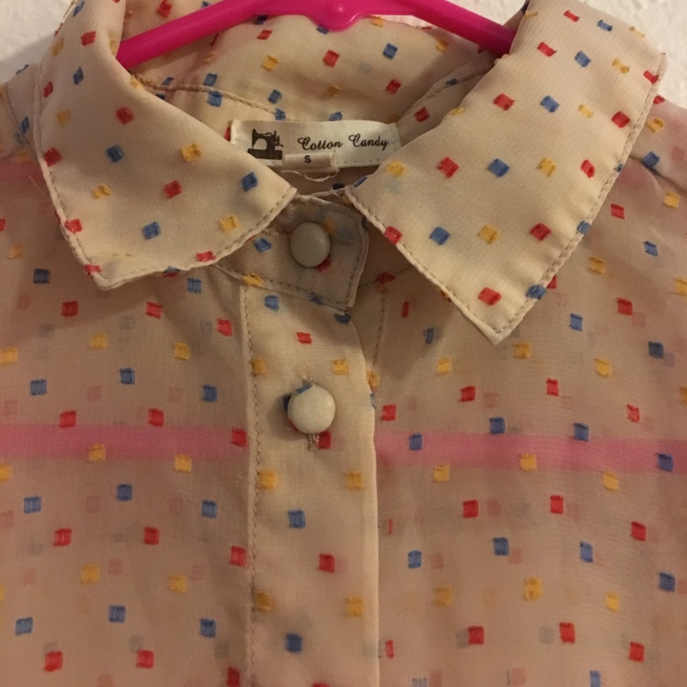 Sheer rainbow print button up shirt