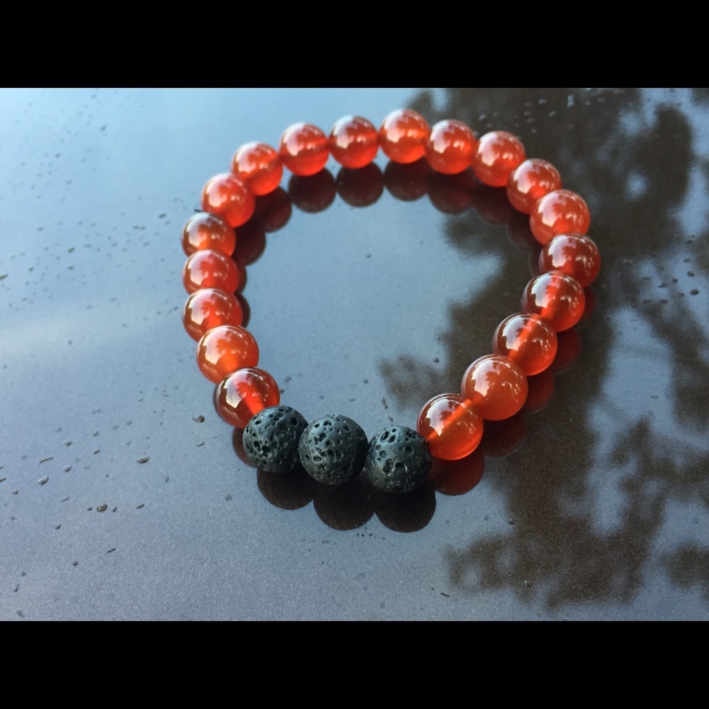 Red Agate bracelet with black lava stones