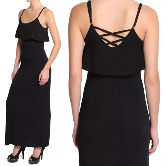 💥 Cross Back Overlay Jersey Maxi Dress Black - Picture 2 of 7