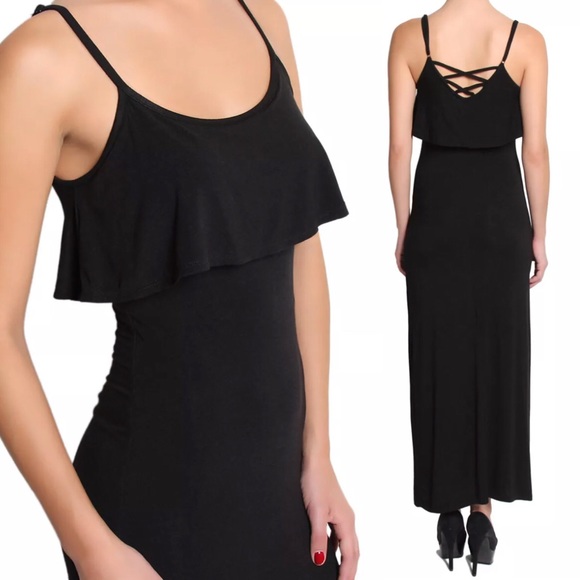 💥 Cross Back Overlay Jersey Maxi Dress Black - Picture 3 of 7
