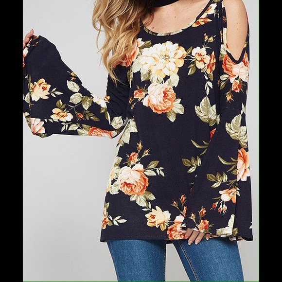 SALE New Floral Cold Shoulder Top Bell Sleeves - Picture 3 of 4